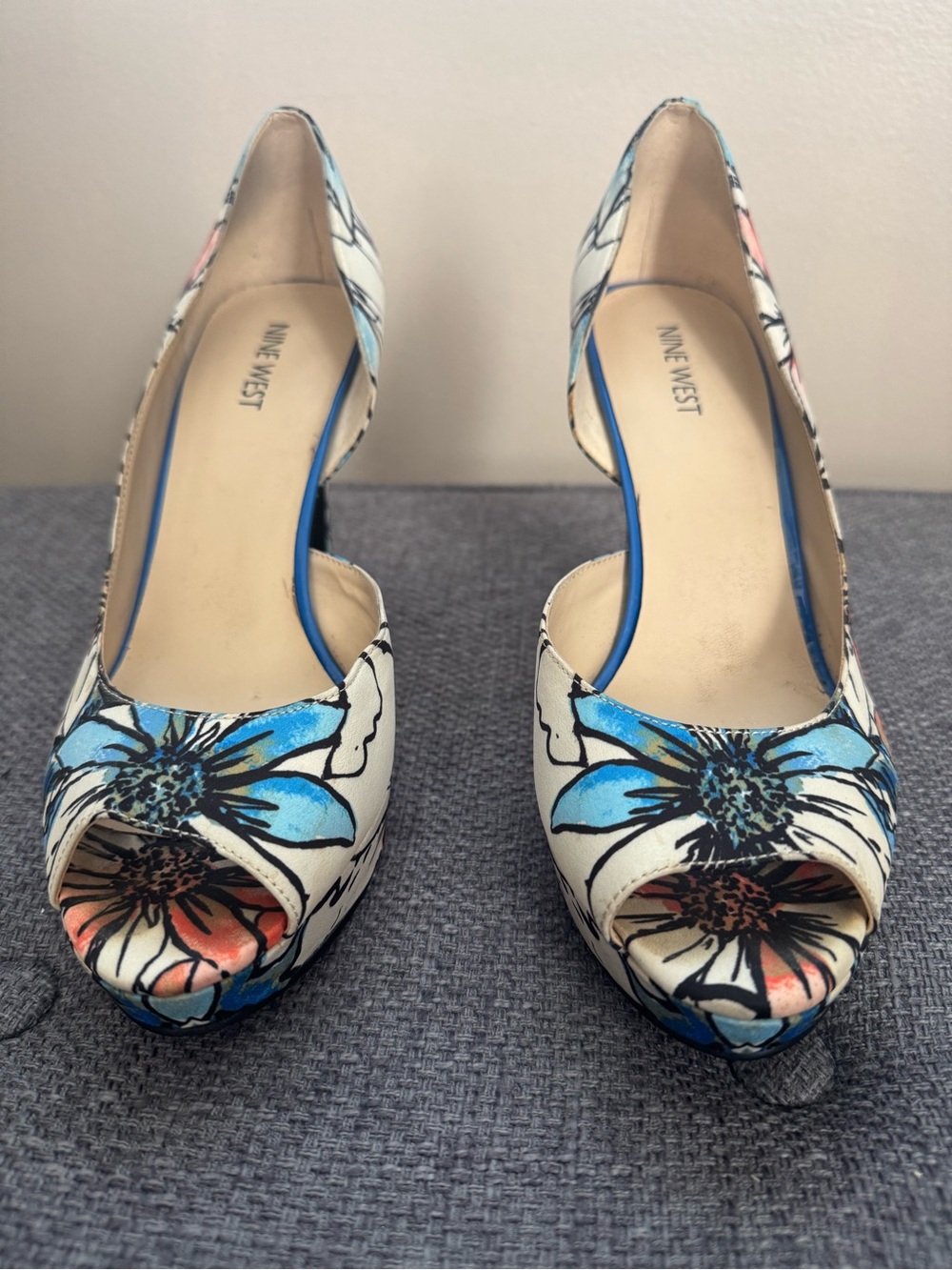 Nine West Floral Peep-Toe Heels in White, Blue and Coral